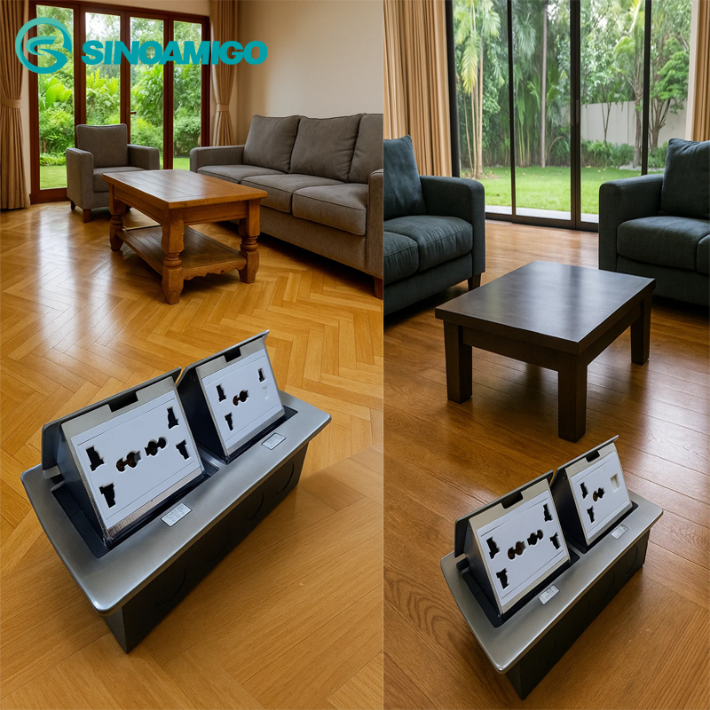 Hộp ổ điện âm sàn đôi SINOAMIGO SPU-52S màu bạc