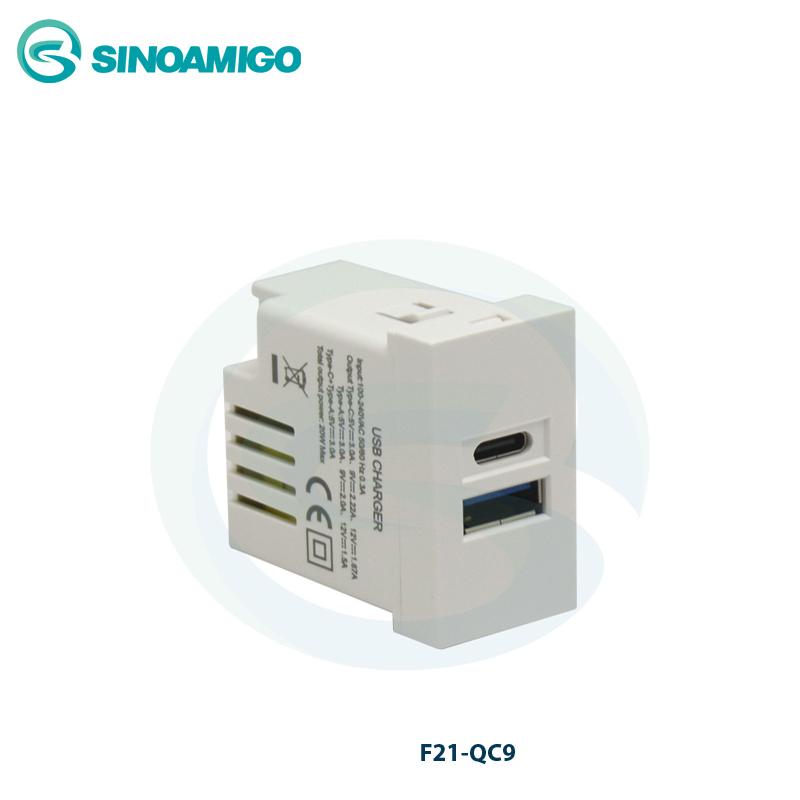 Hạt ổ cắm sạc USB type A+C sinoamigo F21-QC9 công xuất 20W chính hãng cao cấp