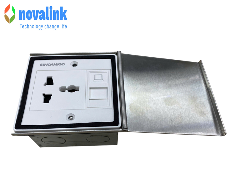 Hộp ổ cắm điện âm sàn sinoamigo SOP-5S+B màu bạc nắp lật chất liệu thép không gỉ cao cấp