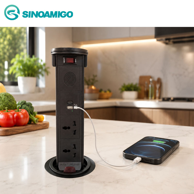 Ổ điện âm bàn bếp cao cấp sinoamigo STP-2AB/2Pub+Qi mầu đen