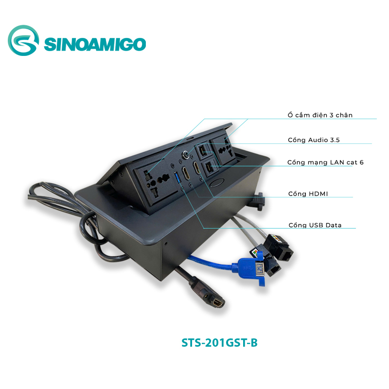 Hộp ổ điện âm bàn đa năng Sinoamigo STS-201GST-B màu đen cao cấp