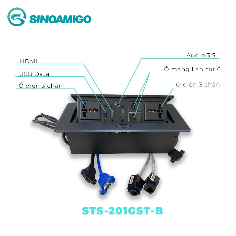 Hộp ổ điện âm bàn đa năng Sinoamigo STS-201GST-B màu đen cao cấp