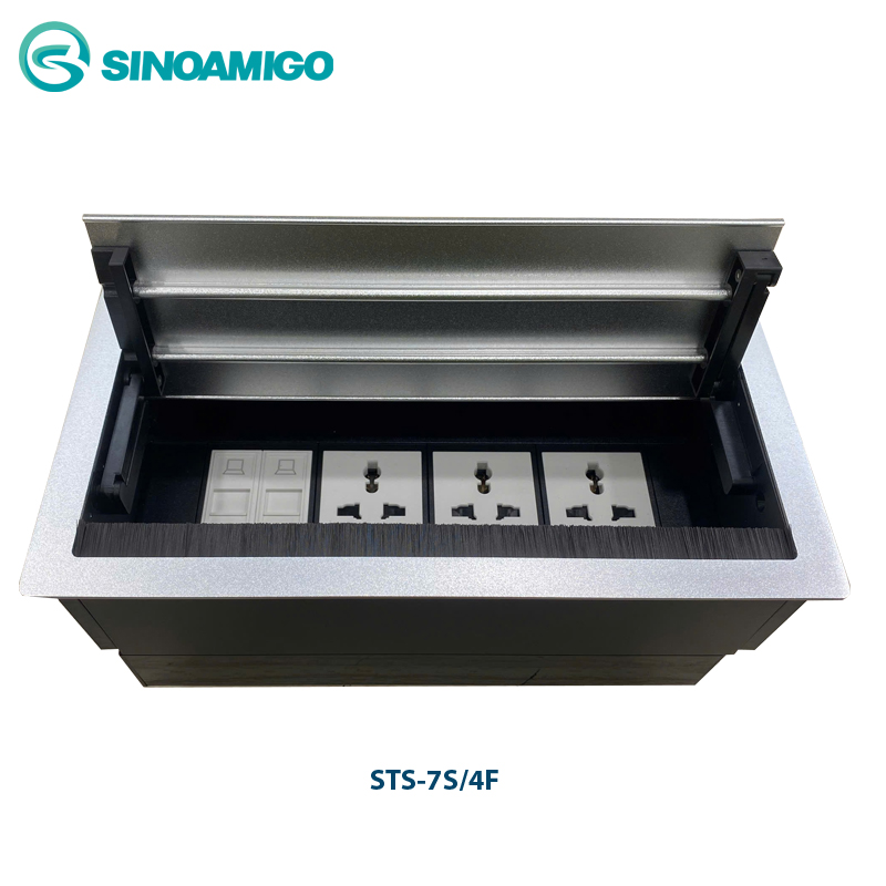 Hộp ổ điện âm bàn sinoamigo STS-7S/4F nắp lật 2 bên cao cấp mầu bạc