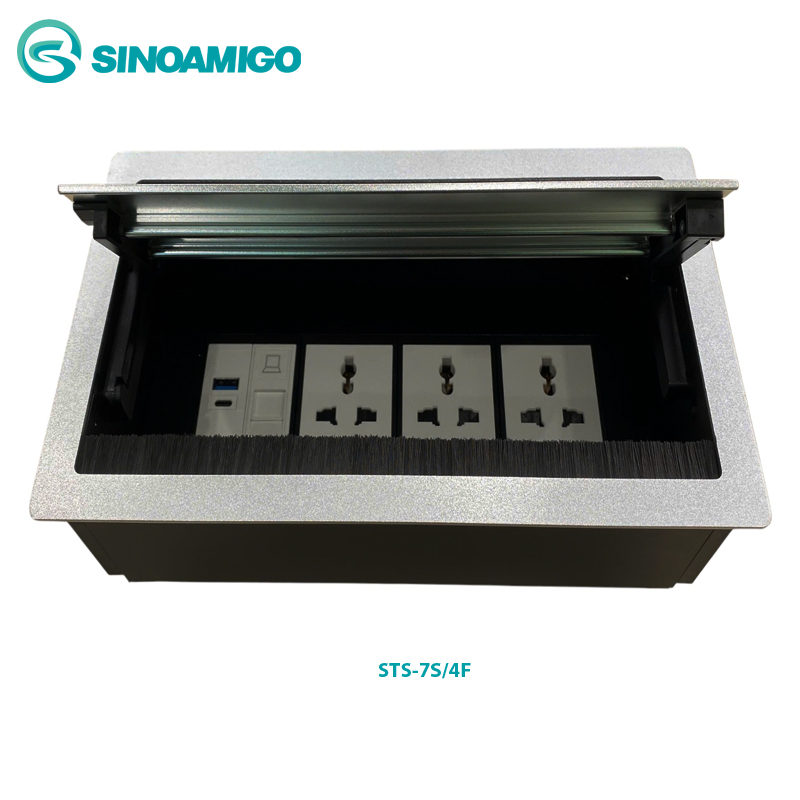 Hộp ổ điện âm bàn sinoamigo STS-7S/4F nắp lật 2 bên cao cấp mầu bạc