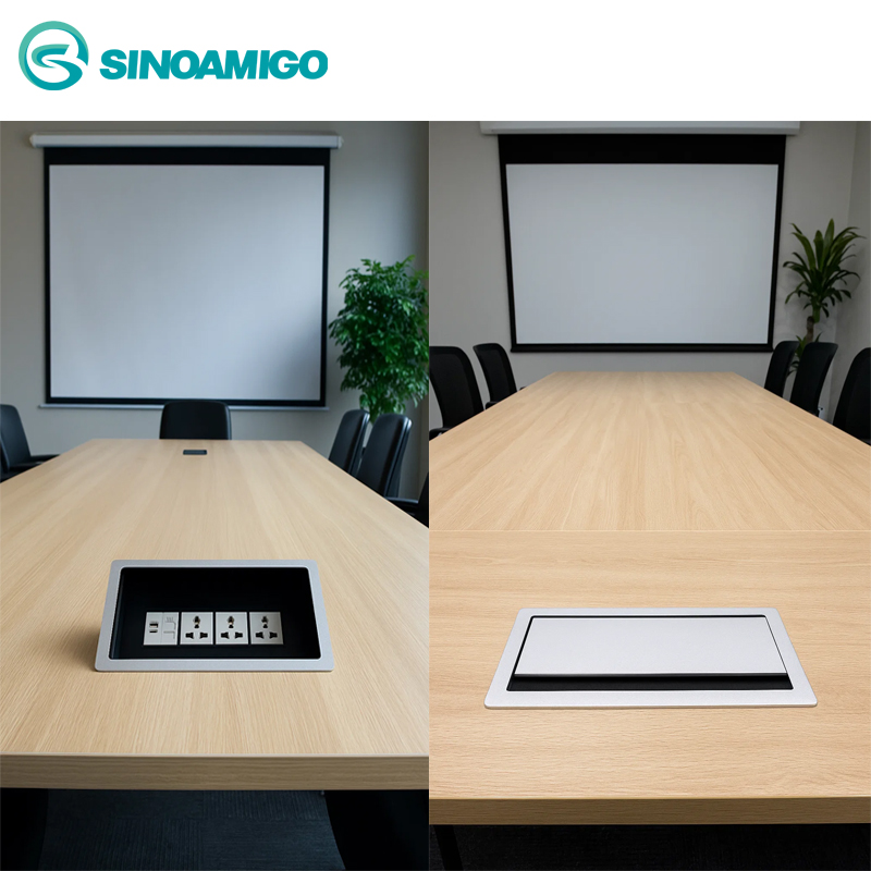 Hộp ổ điện âm bàn sinoamigo STS-7S/4F nắp lật 2 bên cao cấp mầu bạc